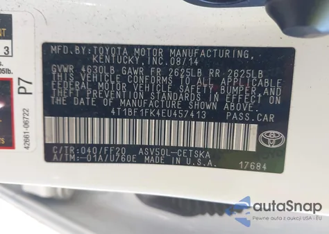 2014 Toyota Camry Se z USA, uszkodzony, nr VIN 4T1BF1FK4EU457413
